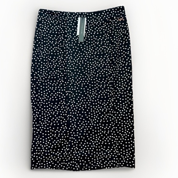 T TAHARI Midi Pencil Skirt Size M Black White Polka Dot Slit Leg Tummy Control - Picture 1 of 11